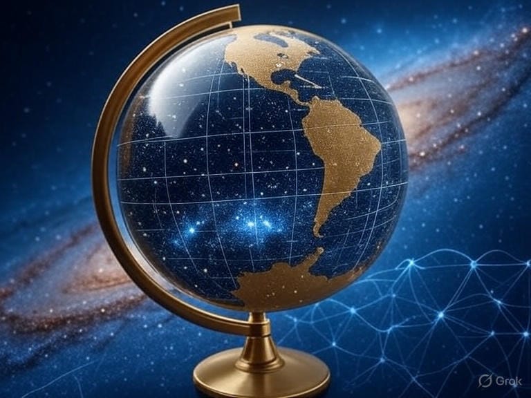 A globe in gold tones on a blue galaxy background.