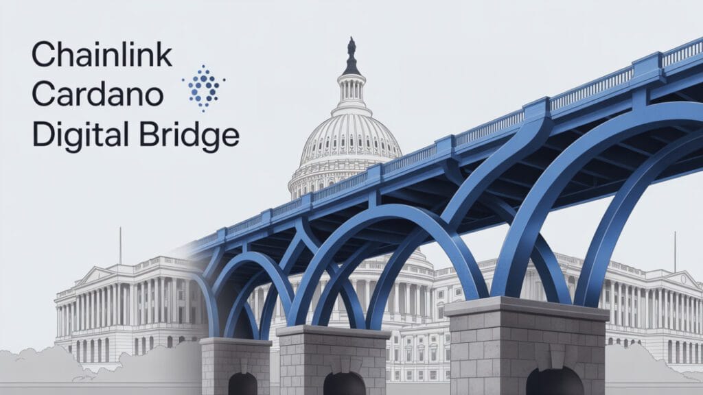 A modern digital illustration showing the Chainlink and Cardano logos connected by a glowing line, with a futuristic, digital outline of the U.S. Capitol Building in the background.