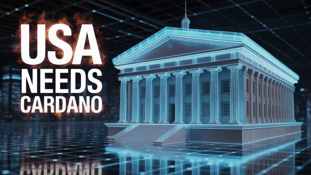 A grand, five-sided building resembling the U.S. Pentagon but in the style of ancient Greek architecture. The building is made of white marble with classical columns, and the words "America Needs ADA" are prominently displayed above the entrance.