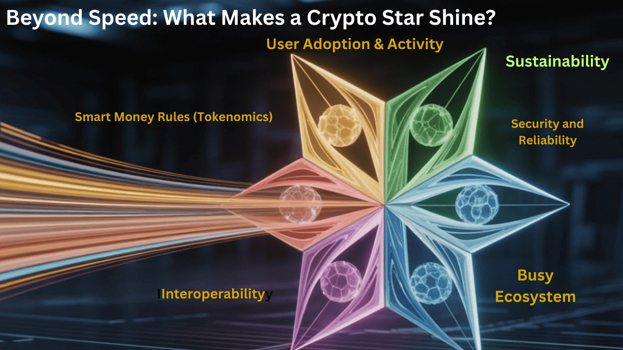 A stylized digital illustration of a glowing, multi-faceted star made of several unique geometric elements. The star sits in a cosmic background, symbolizing how a blockchain's success is built from multiple factors, not just speed.