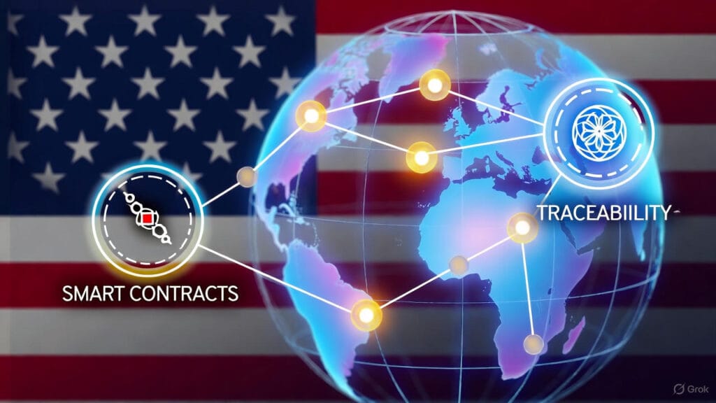 A futuristic digital globe with a blockchain network of glowing nodes and connections, featuring icons for smart contracts and traceability, set against an American flag background.